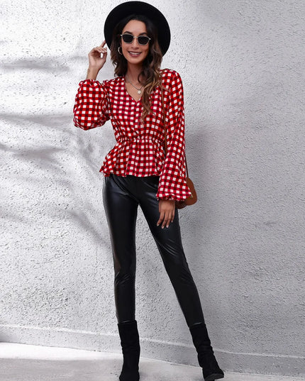 Plaid V-Neck Balloon Sleeve Peplum Blouse