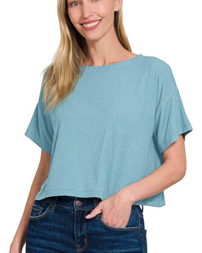 Zenana Ribbed Round-Neck Crop T-Shirt DUSTY TEAL