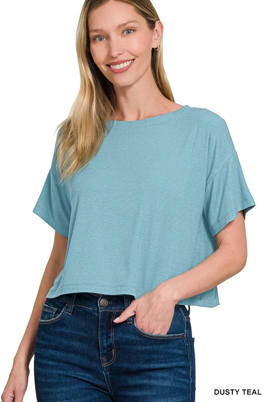 Zenana Ribbed Round-Neck Crop T-Shirt DUSTY TEAL