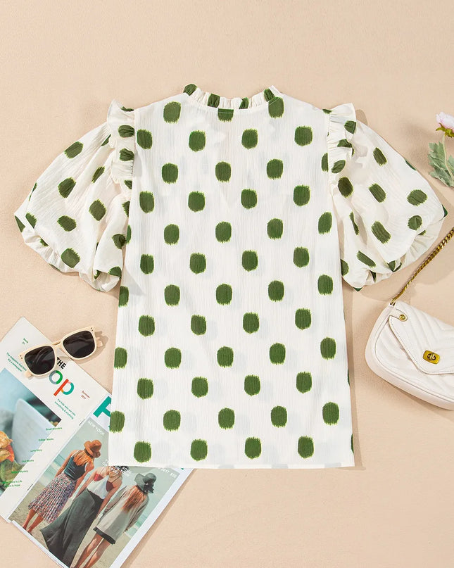 Polka Dot Shirred Yoke Notched Neck Puff Sleeve Blouse