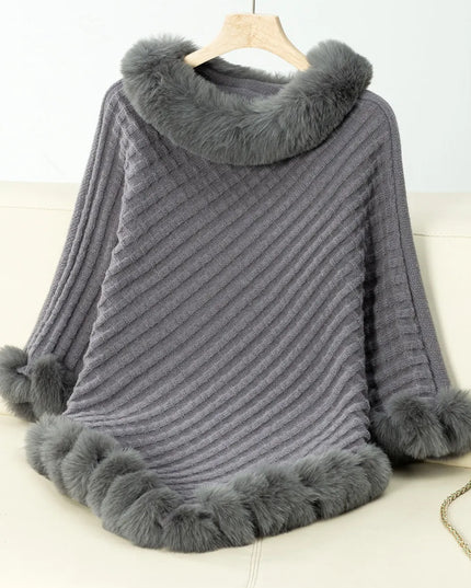 Fuzzy Trim Texture Three-Quarter Sleeve Poncho Dark Gray One Size
