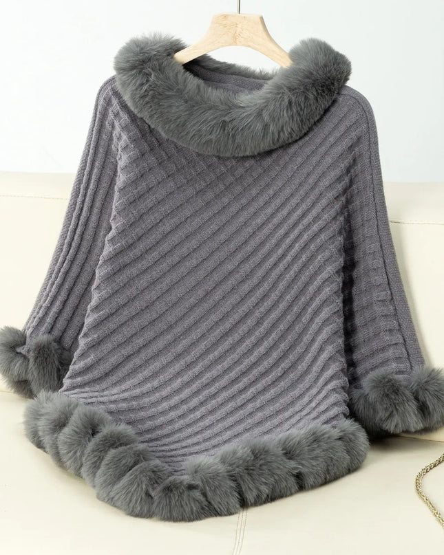 Fuzzy Trim Texture Three-Quarter Sleeve Poncho Dark Gray One Size