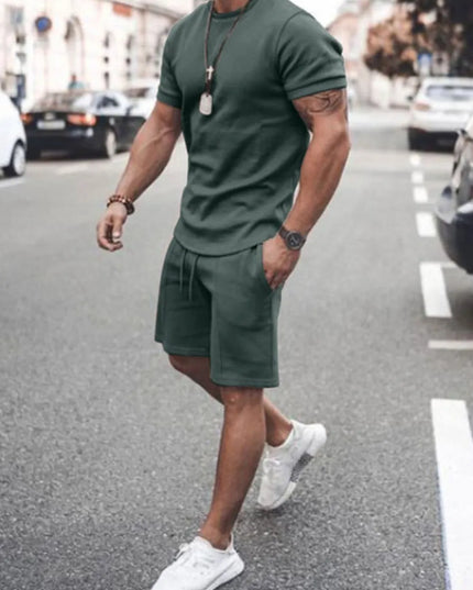 Men's Plus Size Round Neck Short Sleeve Top and Shorts Set Army Green