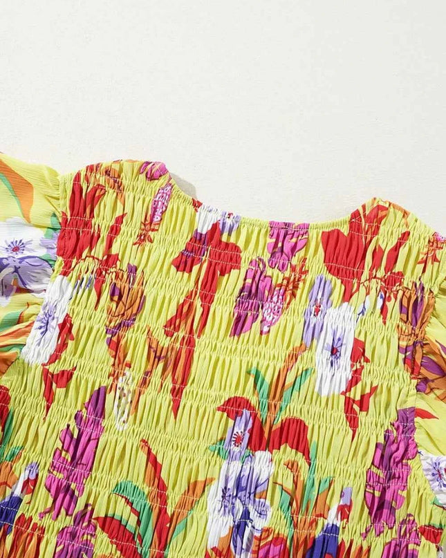 Cheetah Plant Print Shirred Button V Neck Maxi Dress