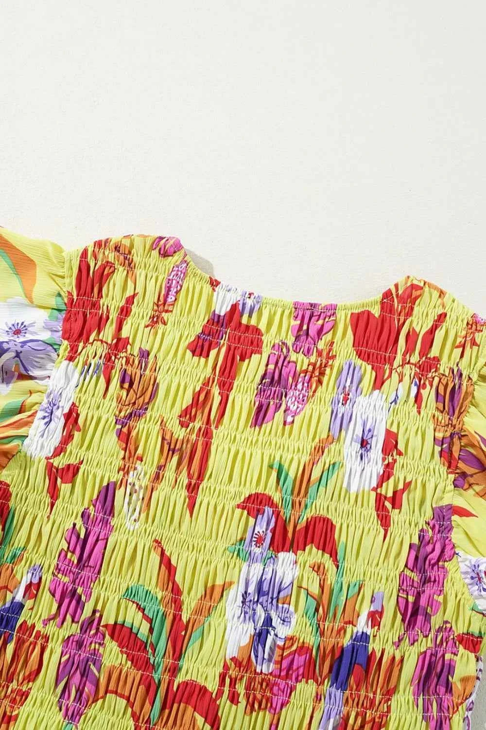 Cheetah Plant Print Shirred Button V Neck Maxi Dress