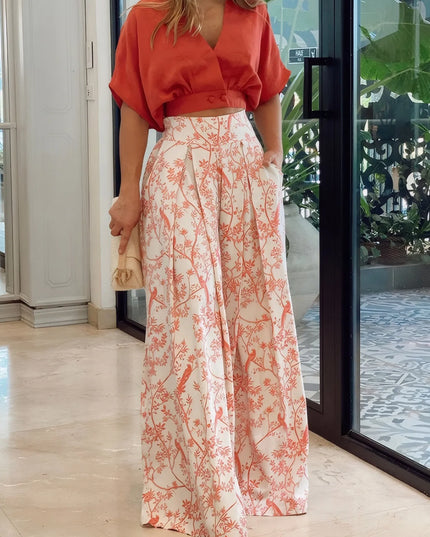 Surplice Top and High Waist Pants Set Orange-Red