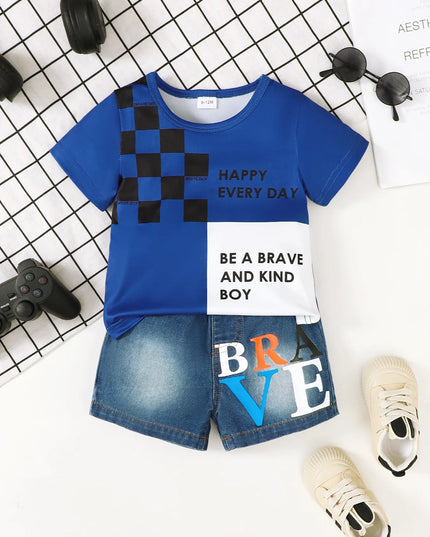 Children's Letter Round Neck Top and Denim Shorts Set Navy