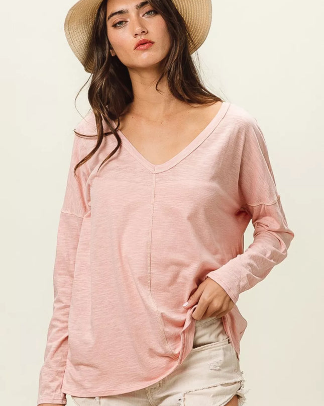 BiBi Exposed Seam V-Neck Long Sleeve T-Shirt