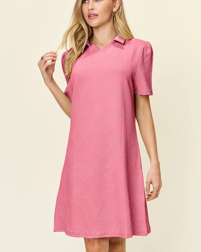 Double Take Full Size Texture Collared Neck Short Sleeve Dress Pink