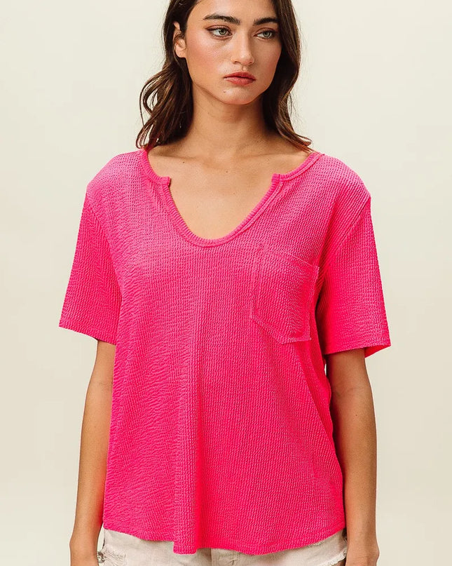 BiBi Waved Rib U Neck Top With Front Pocket