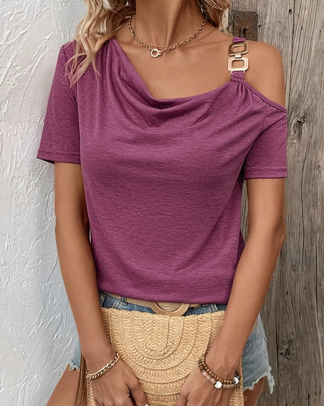 Asymmetric Shoulder T-Shirt with Metal Buckle Detail Fuchsia