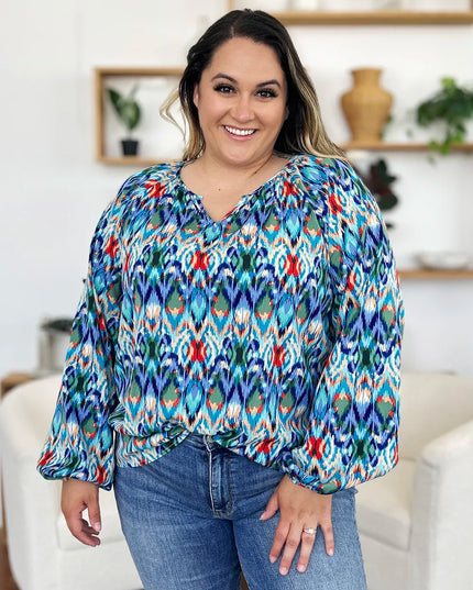 Double Take Full Size Printed Balloon Sleeve Blouse