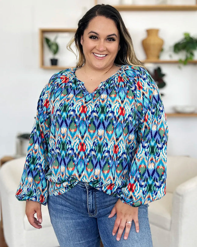 Double Take Full Size Printed Balloon Sleeve Blouse