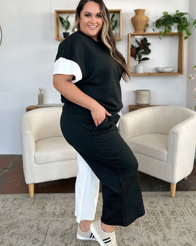 Double Take Full Size Texture Contrast T-Shirt and Wide Leg Pants Set