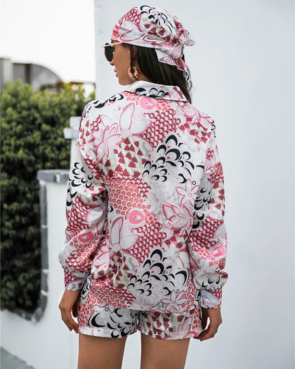 Printed Button Up Long Sleeve Shirt and Shorts Set