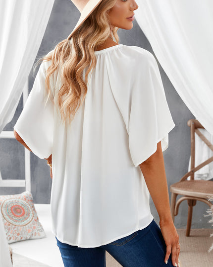 Gathered Detail Notched Neck Flutter Sleeve Top 