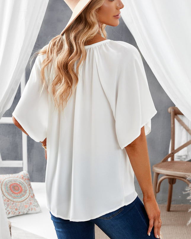 Gathered Detail Notched Neck Flutter Sleeve Top 