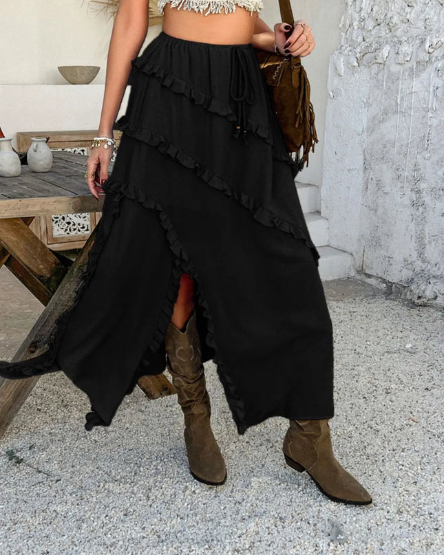 Devine Slit Drawstring Ruffled Skirt