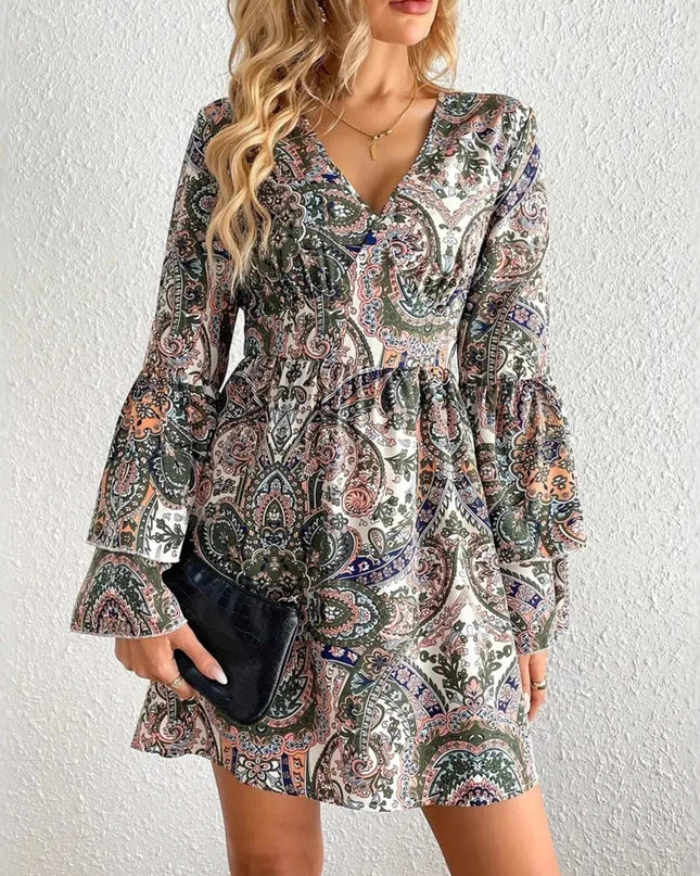 Paisley Print Bell Sleeve Mini Dress