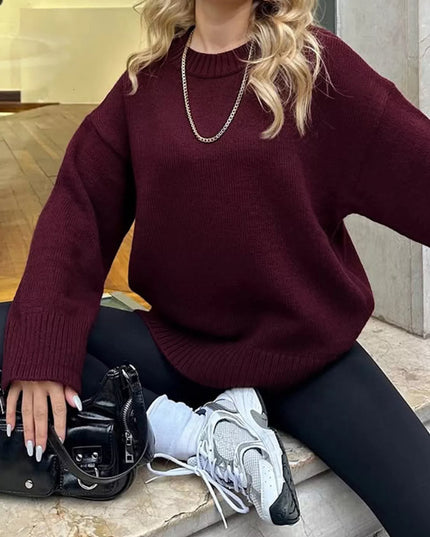 Ribbed Round Neck Dropped Shoulder Sweater