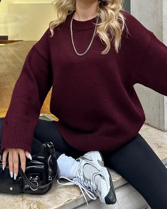 Ribbed Round Neck Dropped Shoulder Sweater