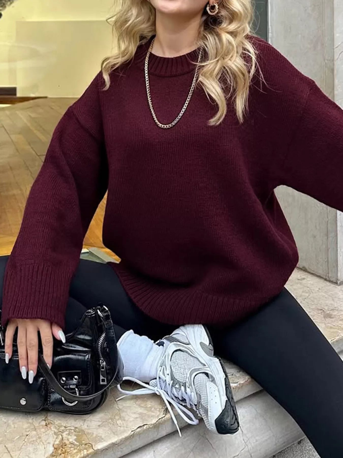 Ribbed Round Neck Dropped Shoulder Sweater