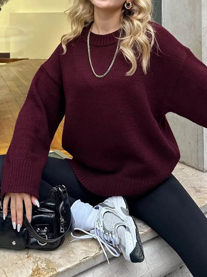 Ribbed Round Neck Dropped Shoulder Sweater