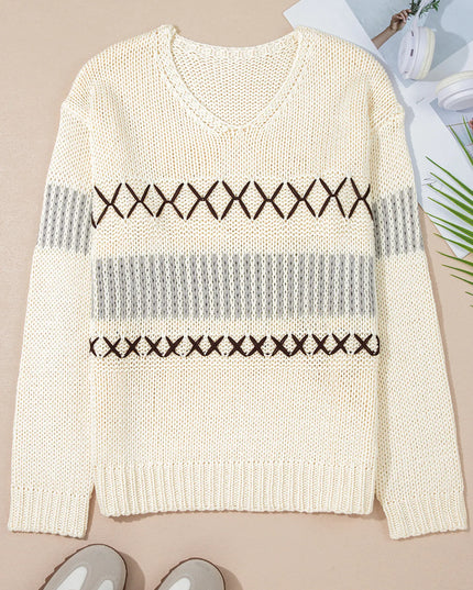 Contrast Stitch Detail V Neck Drop Shoulder Sweater