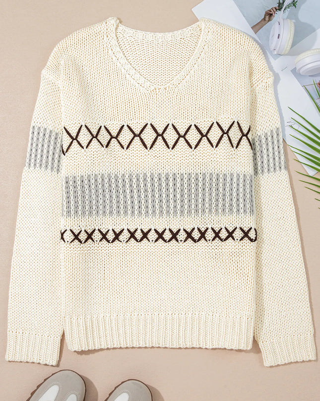 Contrast Stitch Detail V Neck Drop Shoulder Sweater