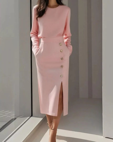 Long Sleeve Button Detail Midi Dress with Side Slit Pink