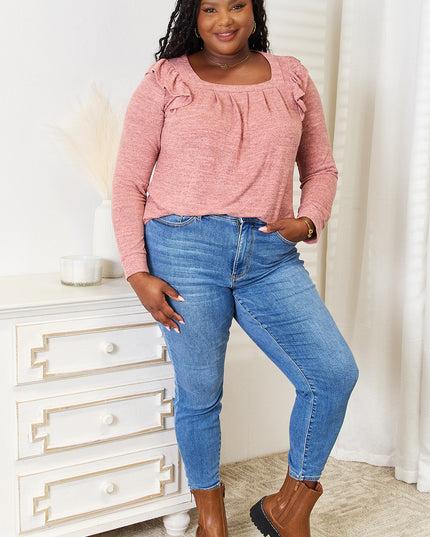 Double Take Square Neck Ruffle Shoulder Long Sleeve T-Shirt