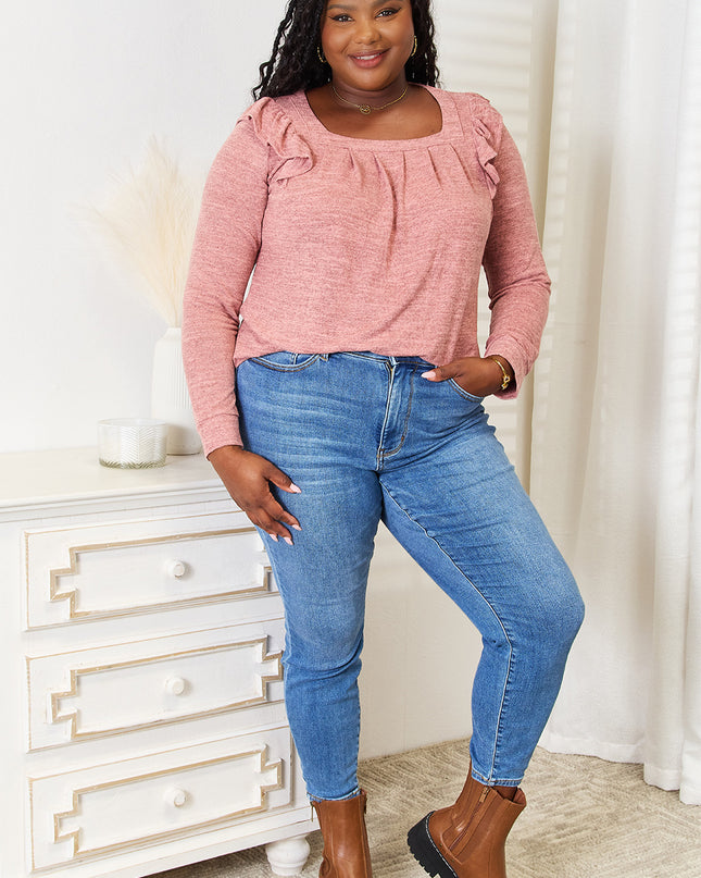 Double Take Square Neck Ruffle Shoulder Long Sleeve T-Shirt
