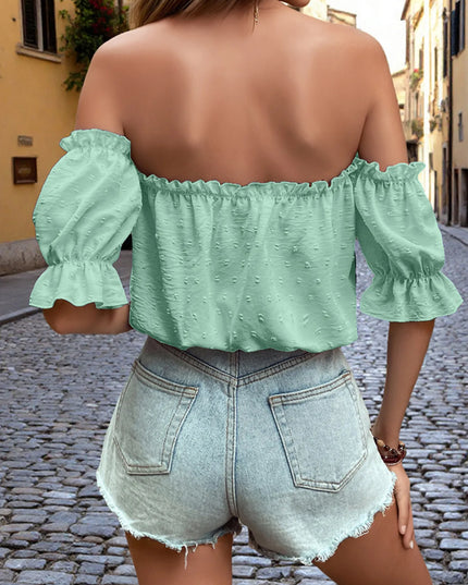 Off-Shoulder Swiss Dot Blouse with Tie Front Detail