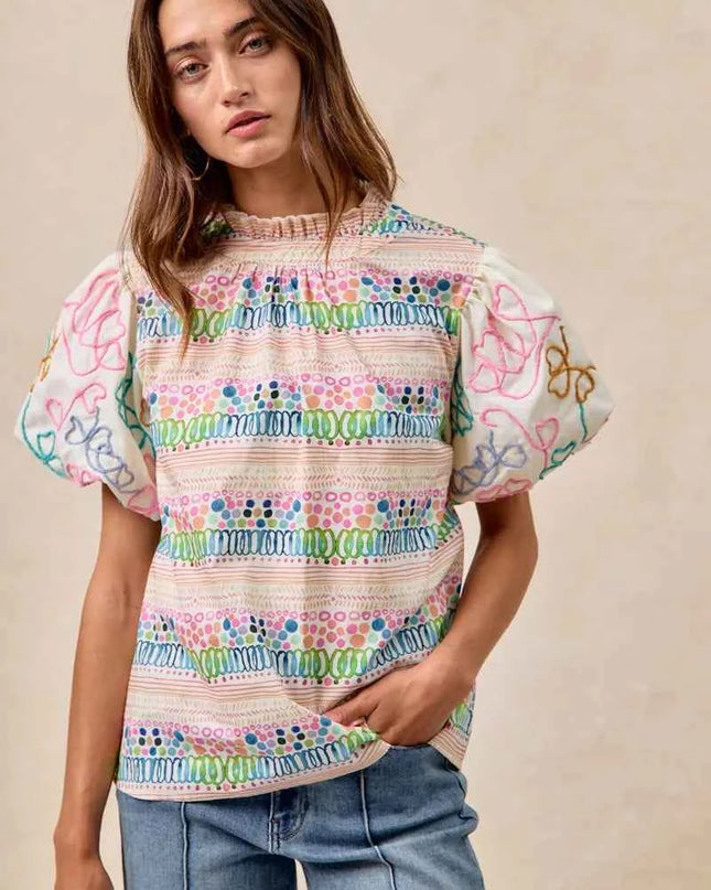 BiBi Ruffle Neckline Blouse With Embroidery Bubble Sleeve