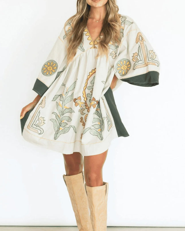 Printed V-Neck Kimono Sleeve Mini Dress
