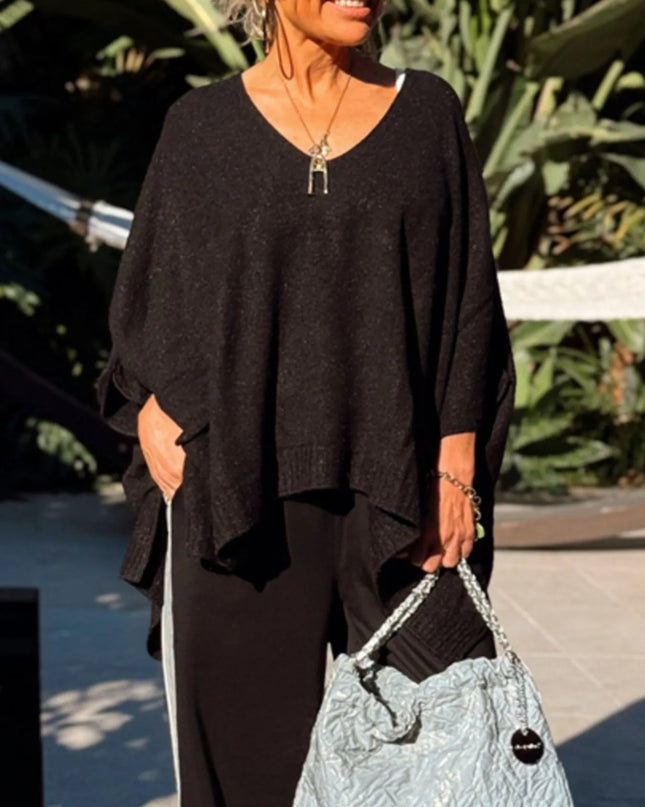 Ribbed Hem V-Neck Sweater