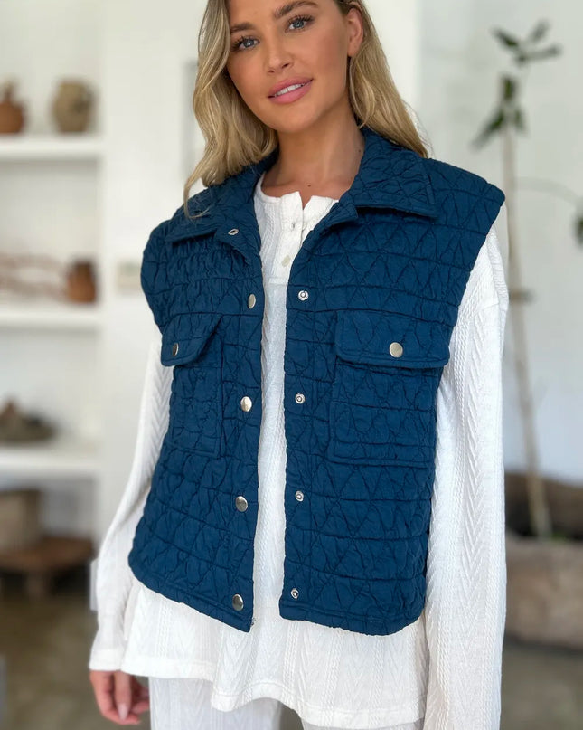 Double Take Full Size Pocketed Texture Snap Down Vest Coat