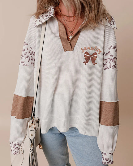 Game Day Bow Embroidered Leopard Color Block Patchwork Top White