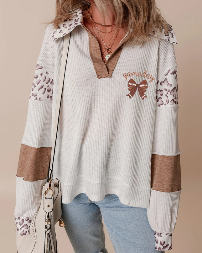 Game Day Bow Embroidered Leopard Color Block Patchwork Top White