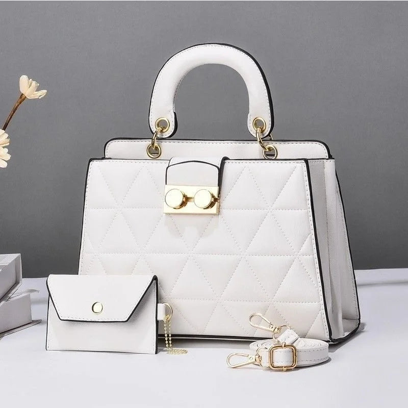Women's Medium Pu Leather Geometric Solid Color Elegant Zipper Bag Sets White
