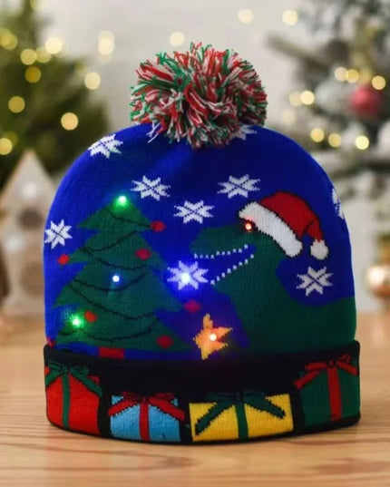 Autumn And Winter Fashion Christmas Hat Colorful Luminous Warm Adult With Ball Hat Christmas LED Light Knitted Hat Dinosaur In Christmas Hat