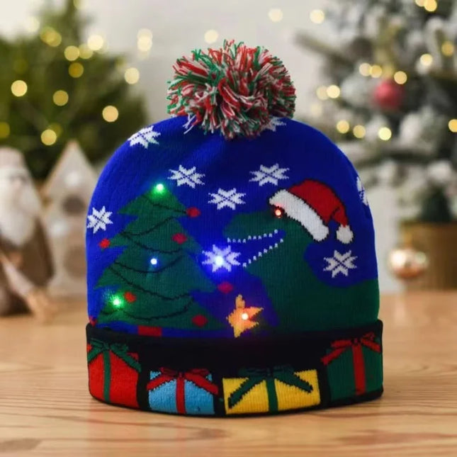 Autumn And Winter Fashion Christmas Hat Colorful Luminous Warm Adult With Ball Hat Christmas LED Light Knitted Hat Dinosaur In Christmas Hat