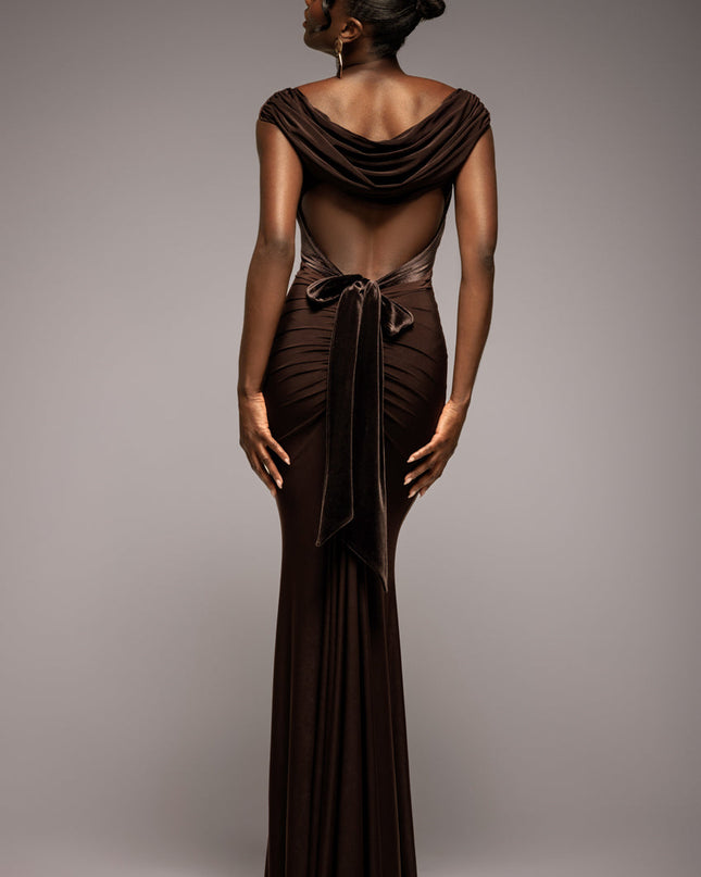 Open Back Cowl Neck Gathered Maxi Dress With Velvet Tie Back - Black by Goddiva