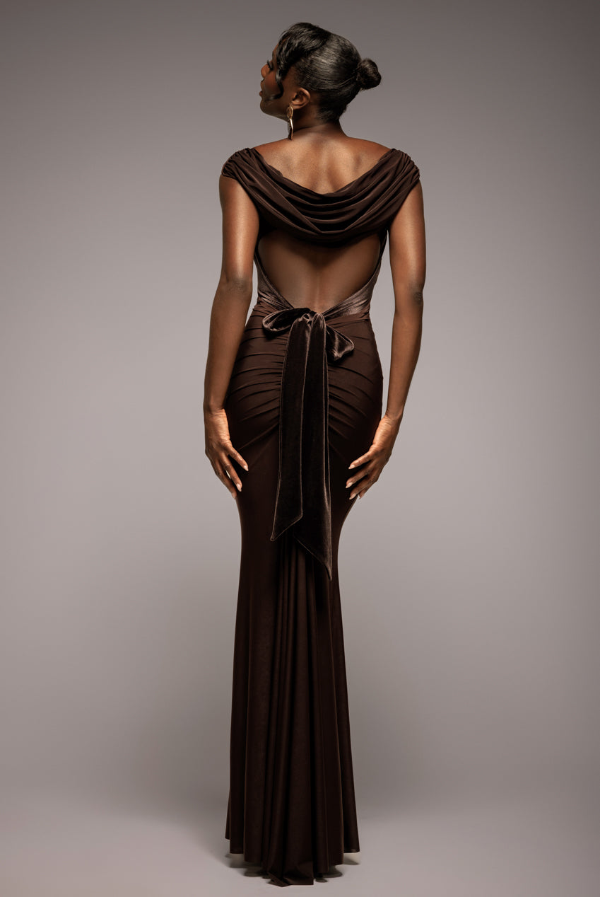 Open Back Cowl Neck Gathered Maxi Dress With Velvet Tie Back - Black by Goddiva