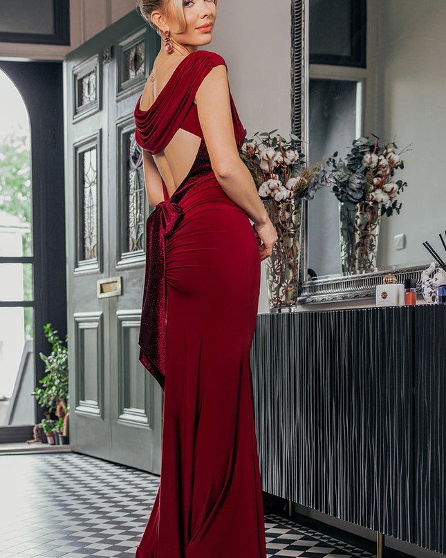 Open Back Cowl Neck Gathered Maxi Dress With Velvet Tie Back - Black by Goddiva