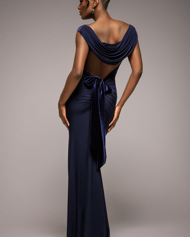 Open Back Cowl Neck Gathered Maxi Dress With Velvet Tie Back - Black by Goddiva