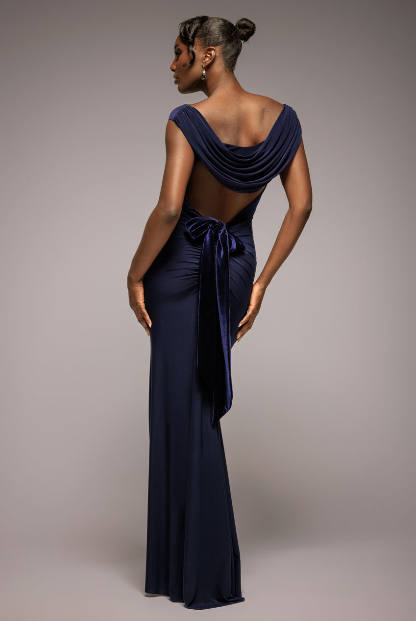 Open Back Cowl Neck Gathered Maxi Dress With Velvet Tie Back - Black by Goddiva