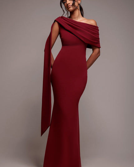 Sash One Shoulder Bardot Maxi Dress - Wine by Goddiva - DR4830