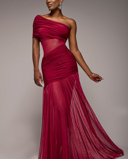 Gathered One Shoulder Sheer Panel Maxi Dress - Wine by Goddiva - DR4828.