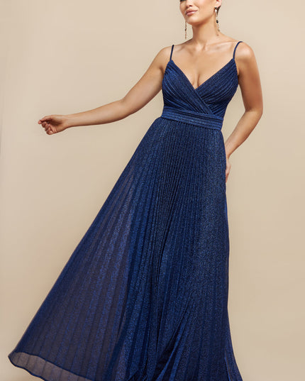 Sleeveless Pleated A Line Lurex Maxi Dress - Pink by Goddiva - DR4494